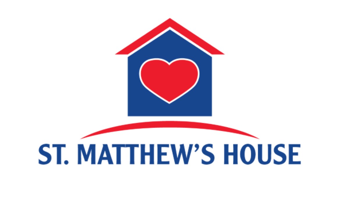 St. Matthew's House logo with a blue house containing a large red heart and a red roof